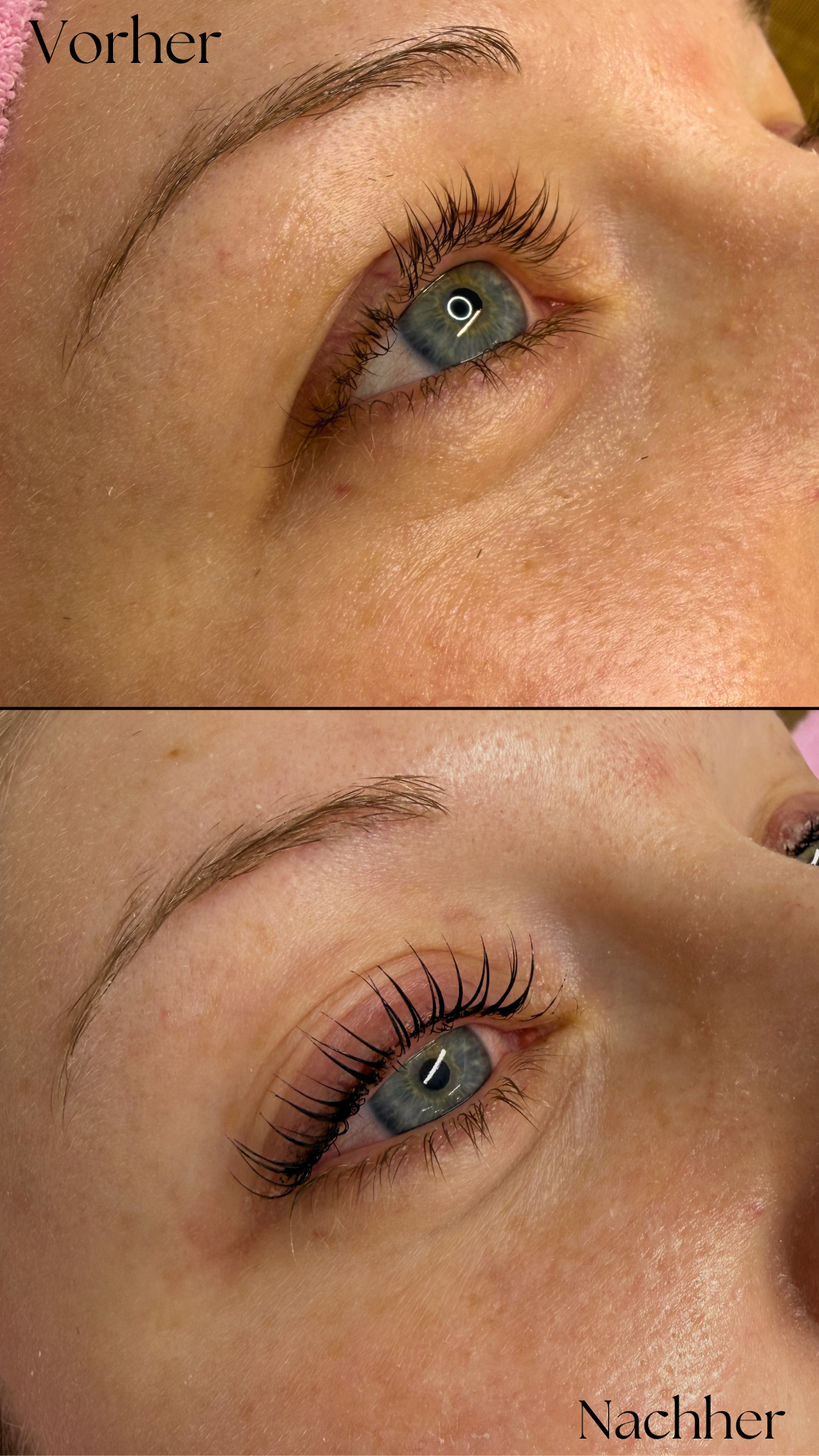 Wimpernlifting — Vorher und Nachher, echte Kundin der Ästhetikoase