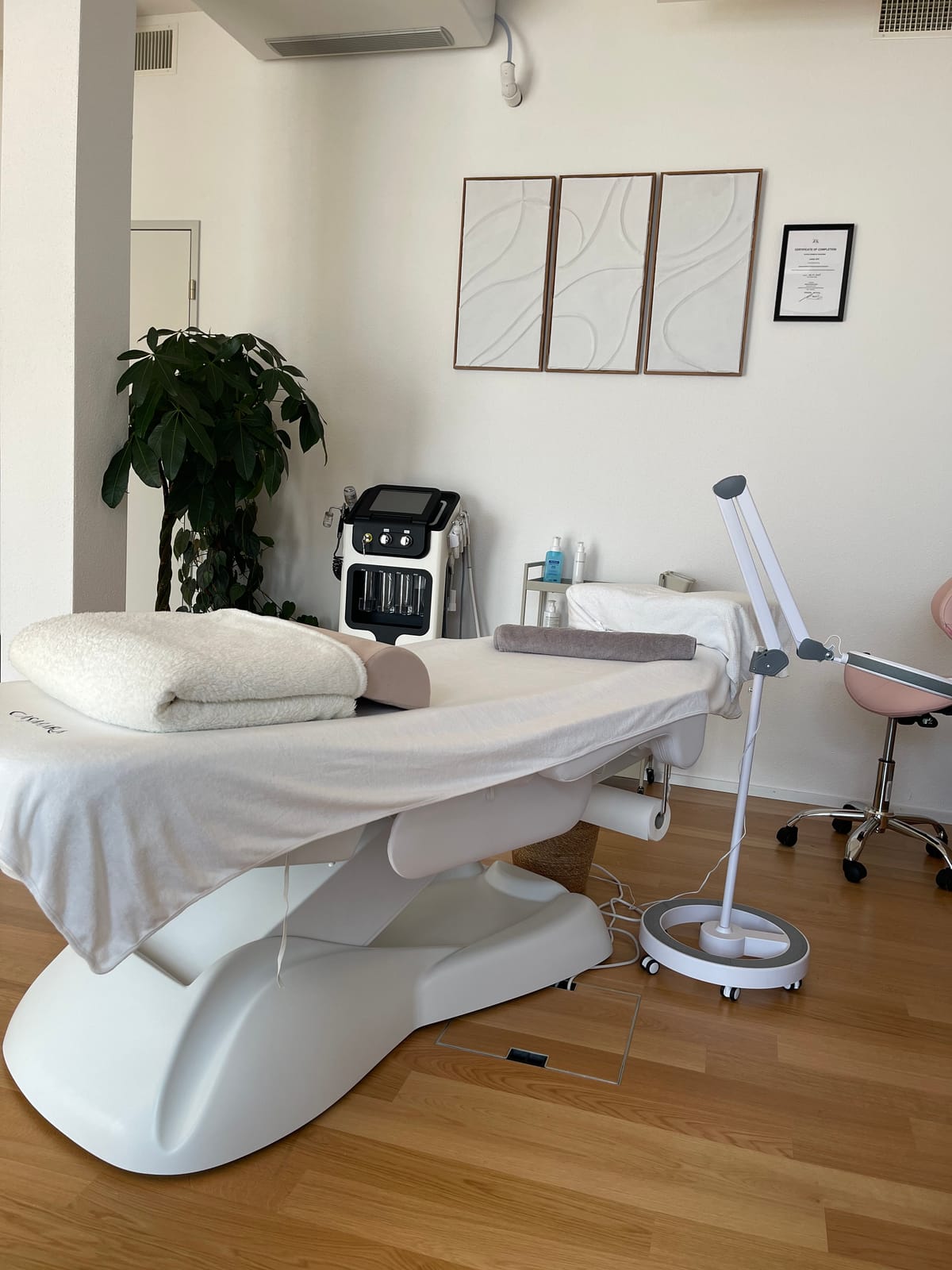 Der Behandlungsraum der Ästhetikoase in Ebikon — Liege, AquaFacial-Gerät und Ringlicht